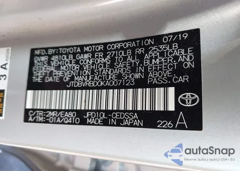 2019 Toyota Mirai z USA, uszkodzony, nr VIN JTDBVRBD0KA007123